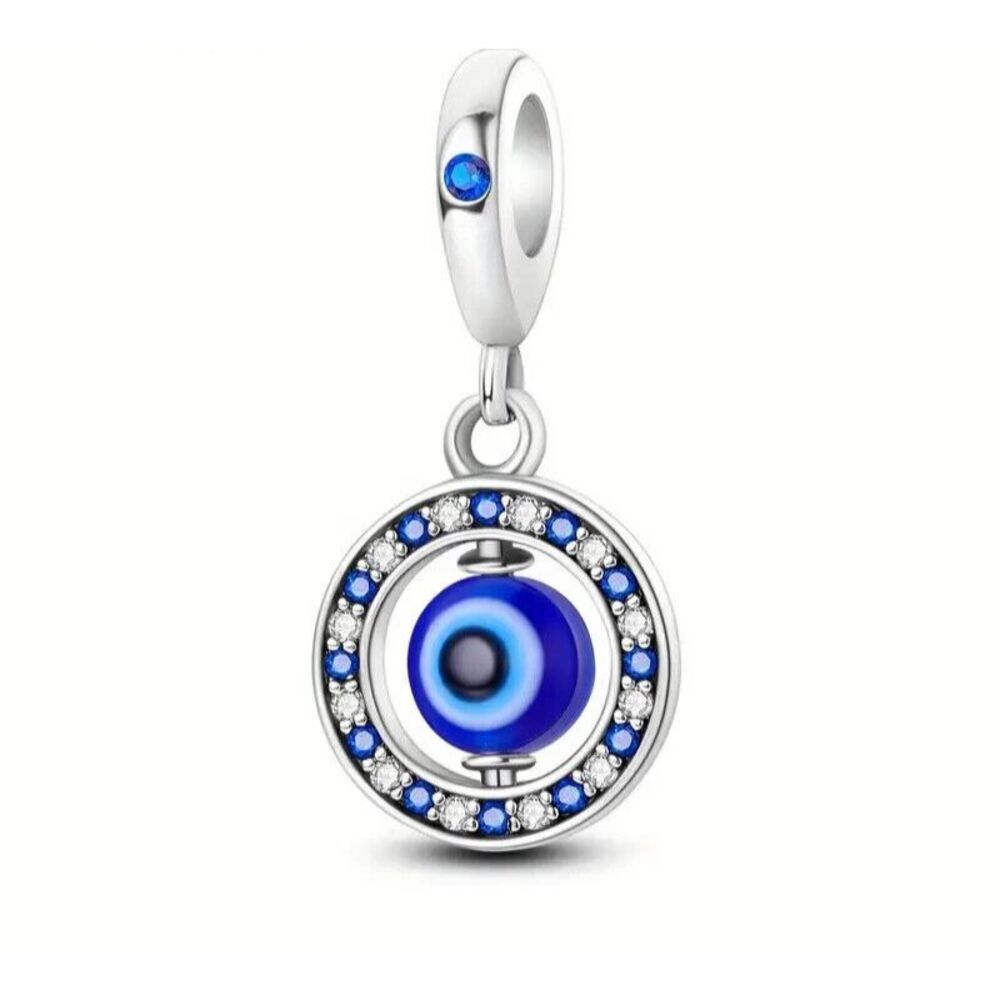925 Silver Plated Blue Enamel Rotatable Devil's Eye‎ Pendant Protective Charm